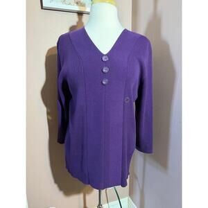 Dressbarn Knit Top Womens 2X Plum Ribbed V Neck 3/4 Sleeve Button Accents New